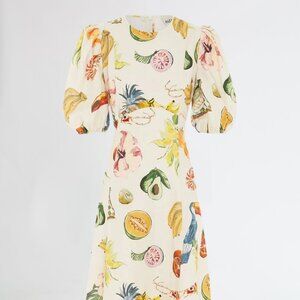 NWT Alemais Theo Midi Linen Cotton Dress US0/AU4 Fruit Kitchen Print